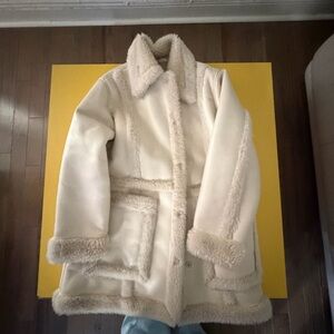 Abercrombie Vegan Leather Cream Aviator Shearling Coat